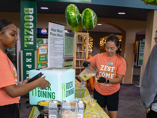 Dining services employees making smoothies